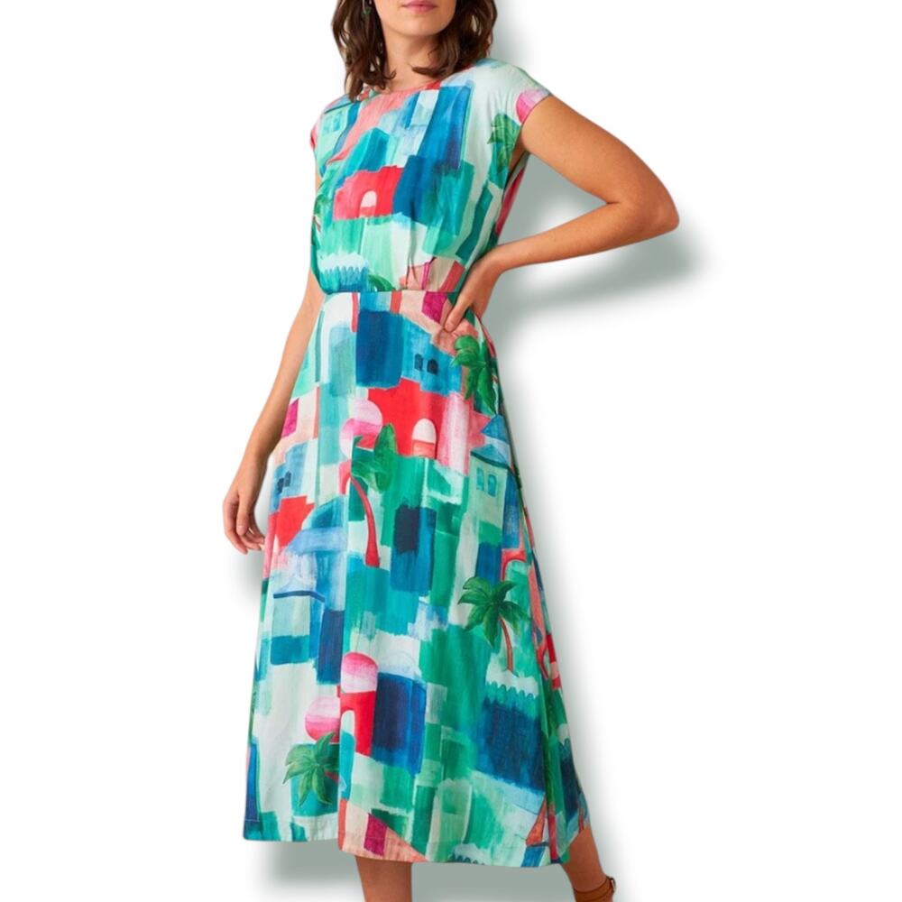 Emily And Fin Elodie Marrakech Midi Dress Mediterranean Palm Print Euro Summer